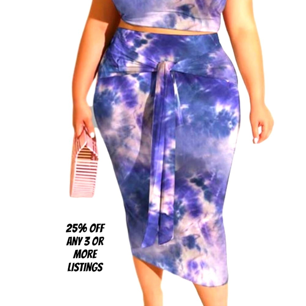 Tie-Dye Midi Skirt Plus Size 2X Bodycon Pencil Blue Purple